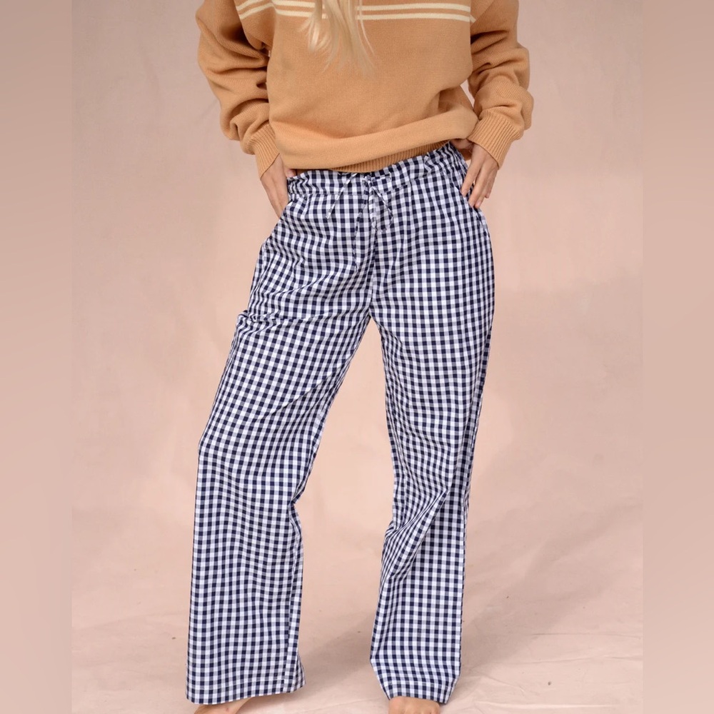 Sonderhaus Perfect Pants Wide Leg 100% Cotton Size XS Blue Gingham - Picture 2 of 11